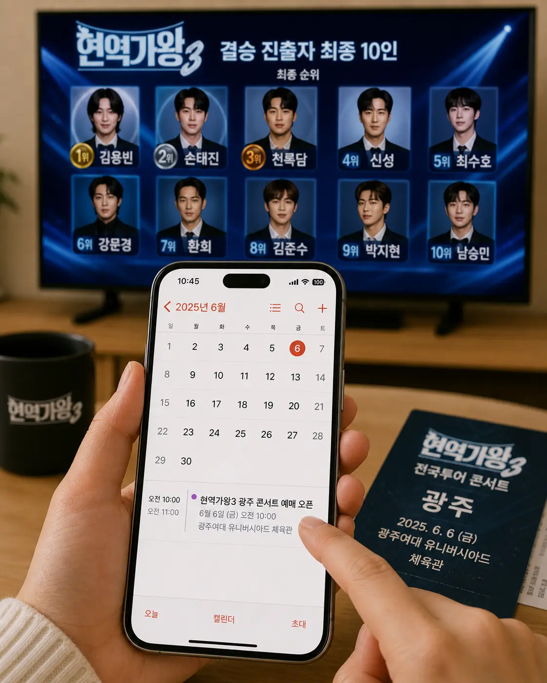 현역가왕3 결승 진출자 최종 10인의 경연 무대 결과를 확인하며 6월 6일 광주 콘서트 예매 일정을 스마트폰 달력에 기록하는 모습