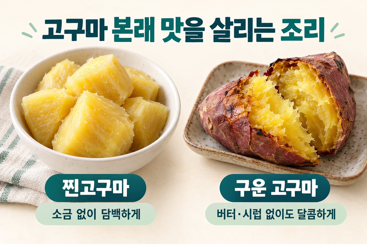 소금 없이 담백하게 찐고구마와 버터&middot;시럽 없이 구운 고구마를 나란히 보여 주는 두 가지 조리 예.
