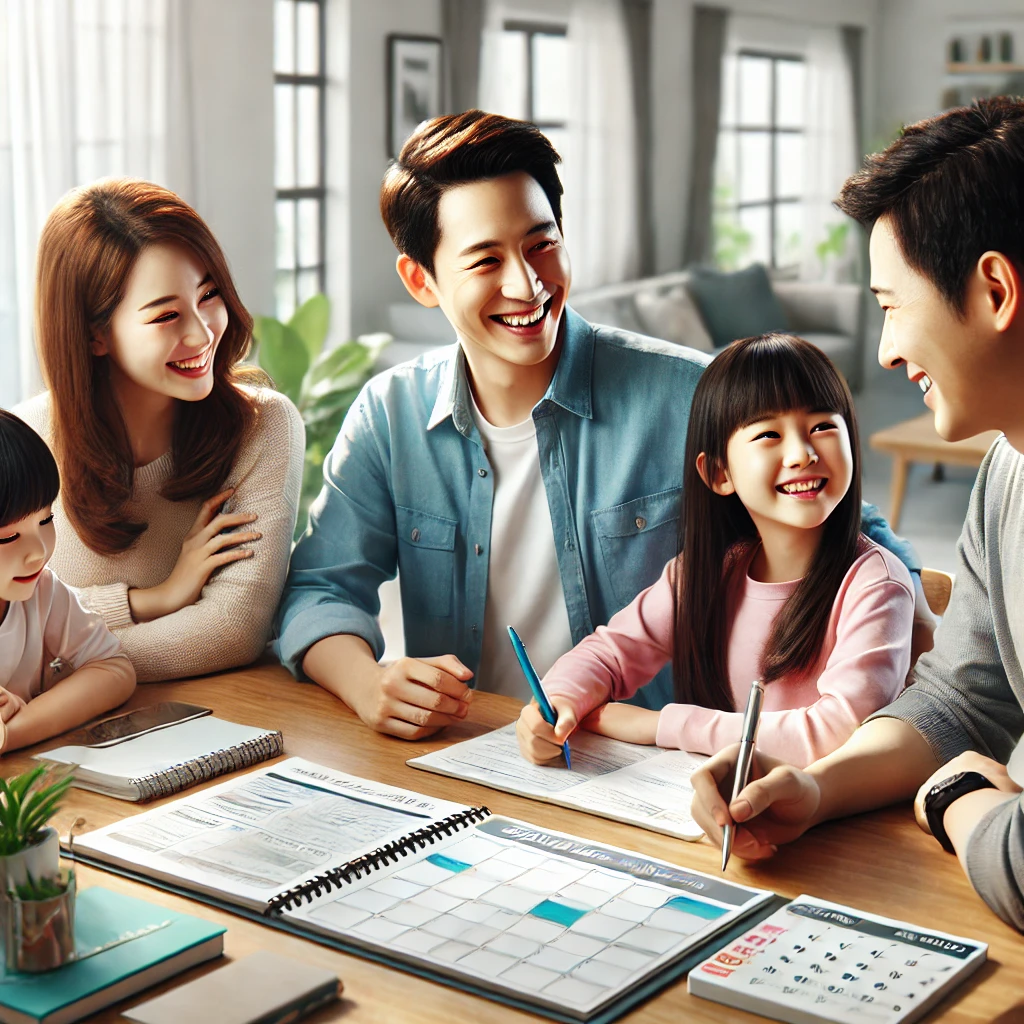 가족이 식탁에서 주말 계획을 논의하는 장면. 부모와 두 자녀가 웃으며 활발히 대화하고 있으며, 테이블 위에는 노트와 달력이 놓여 있습니다. 배경은 밝고 현대적인 식사 공간입니다