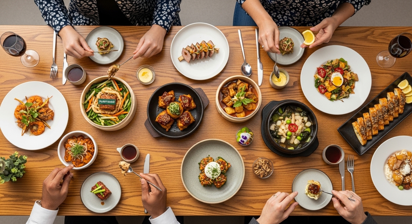 세계 각국의 사람들이 즐기는 현대적이고 전통적인 K-푸드 한상차림, 2025년 글로벌 식탁 트렌드를 반영한 활기찬 이미지.