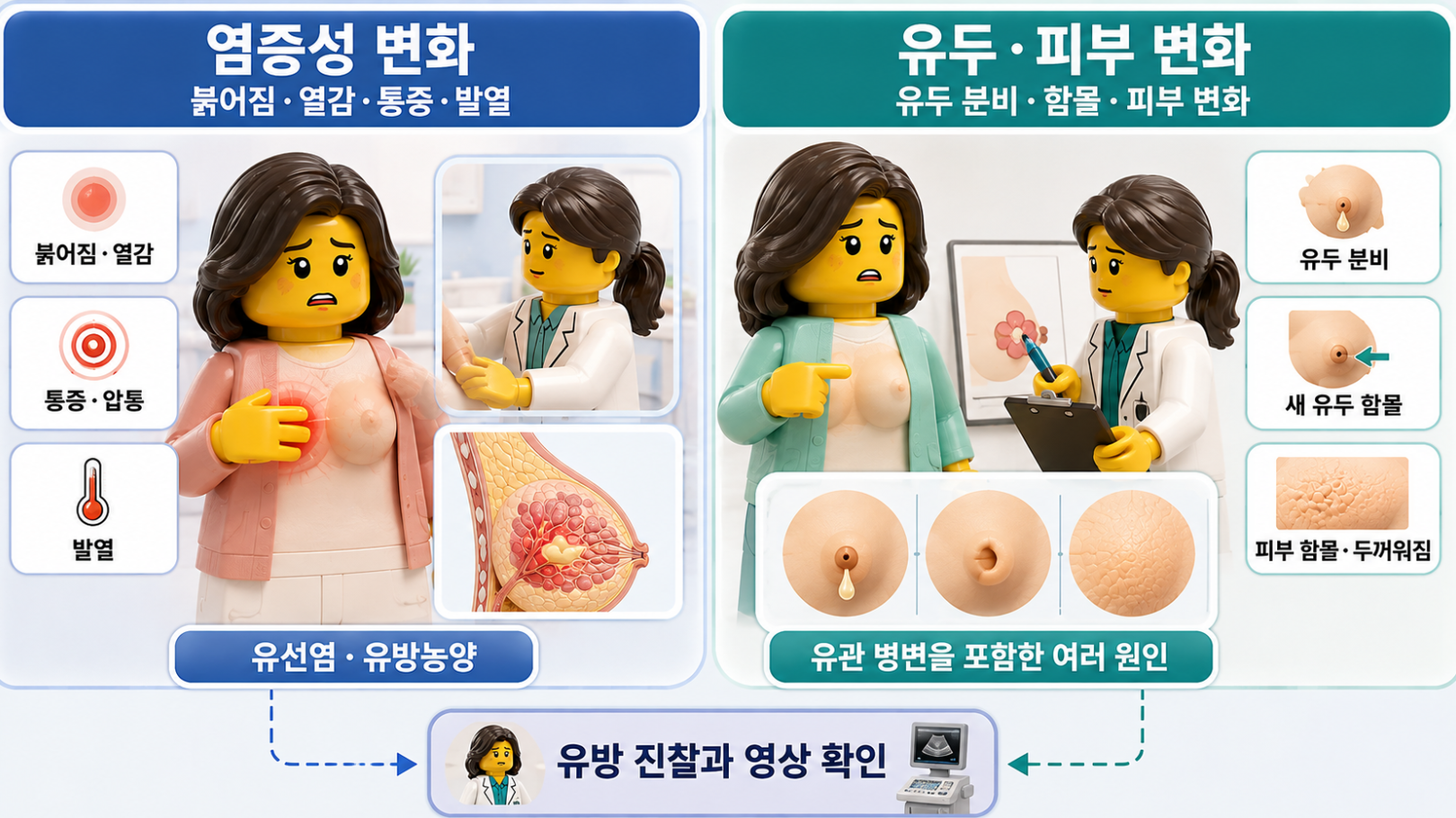 유방의 붉어짐·열감·통증·발열과 유두 분비·함몰·피부 변화를 비교한 의료 인포그래픽