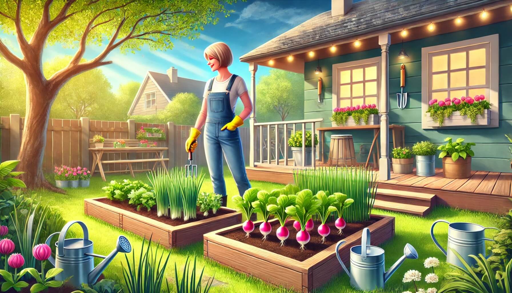 봄 햇살 아래에서 무와 부추를 가꾸는 40대의 텃밭 장면