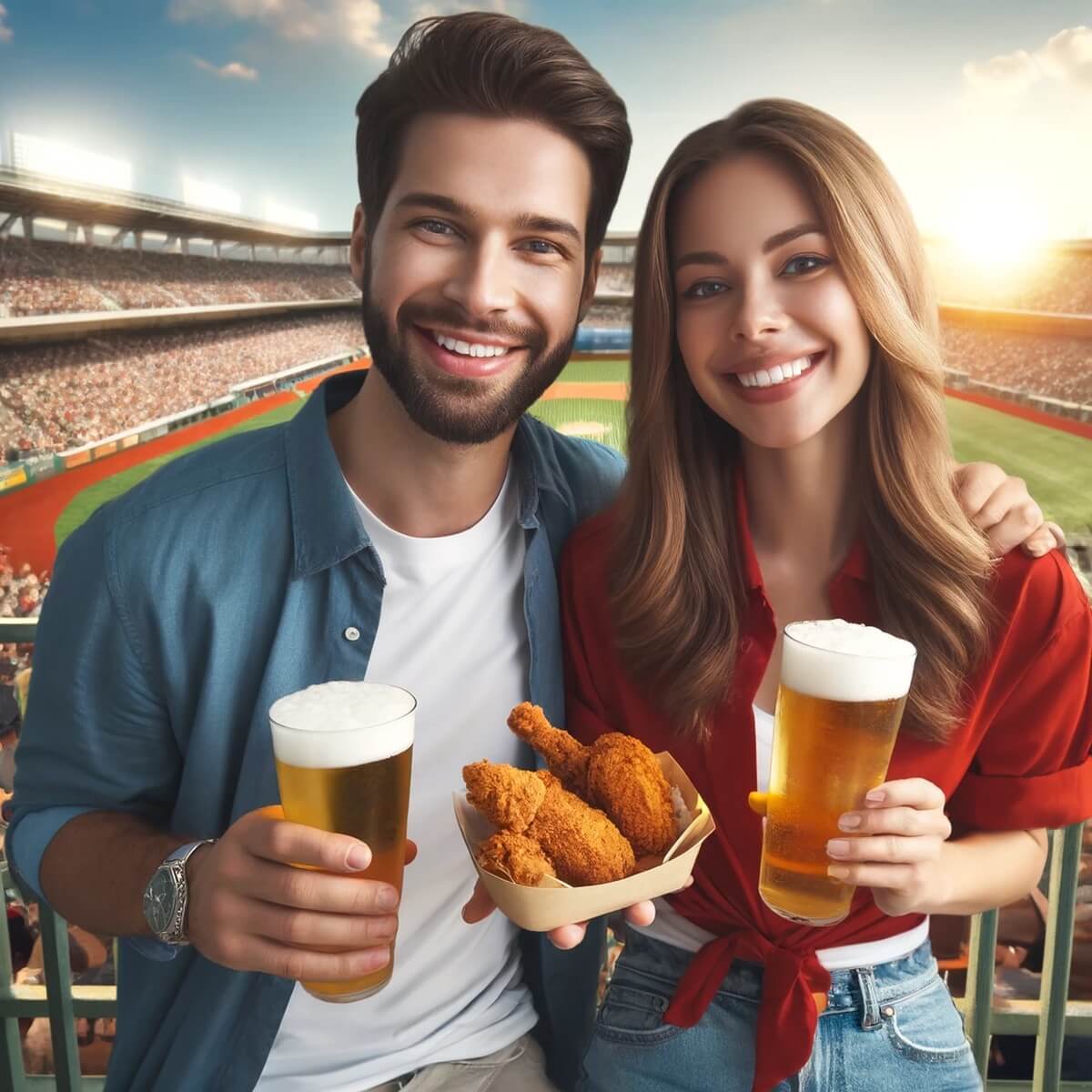야구장을 배경으로 맥주를 들고 웃는 커플