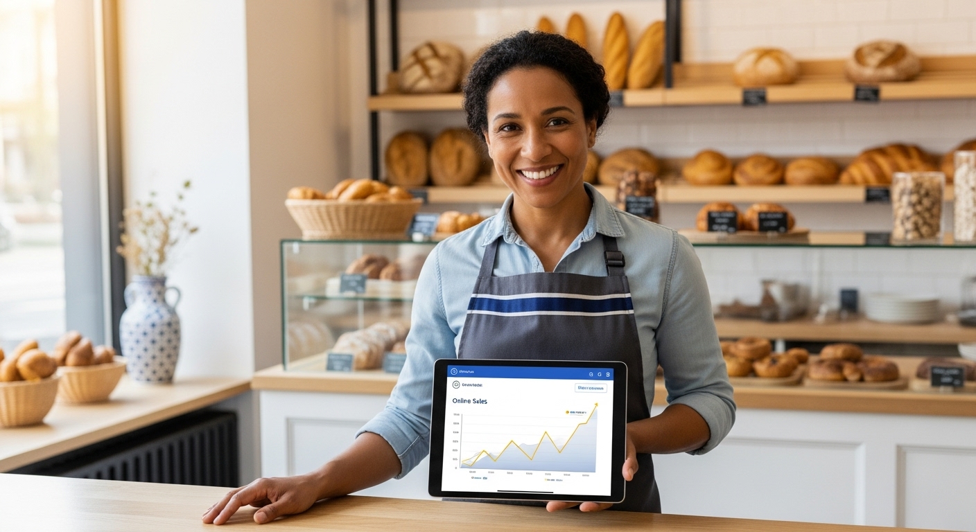 스마트 상점 기술을 활용하여 효율적으로 운영되는 가게에서 기뻐하는 소상공인 사장님의 모습.