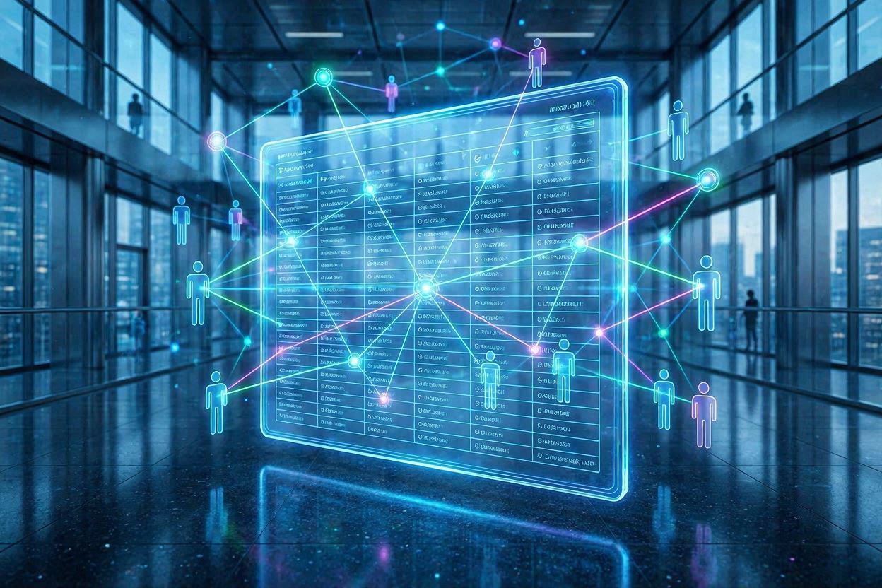 A futuristic concept featuring a translucent digital ledger floating in the air and connected by glowing human-shaped nodes