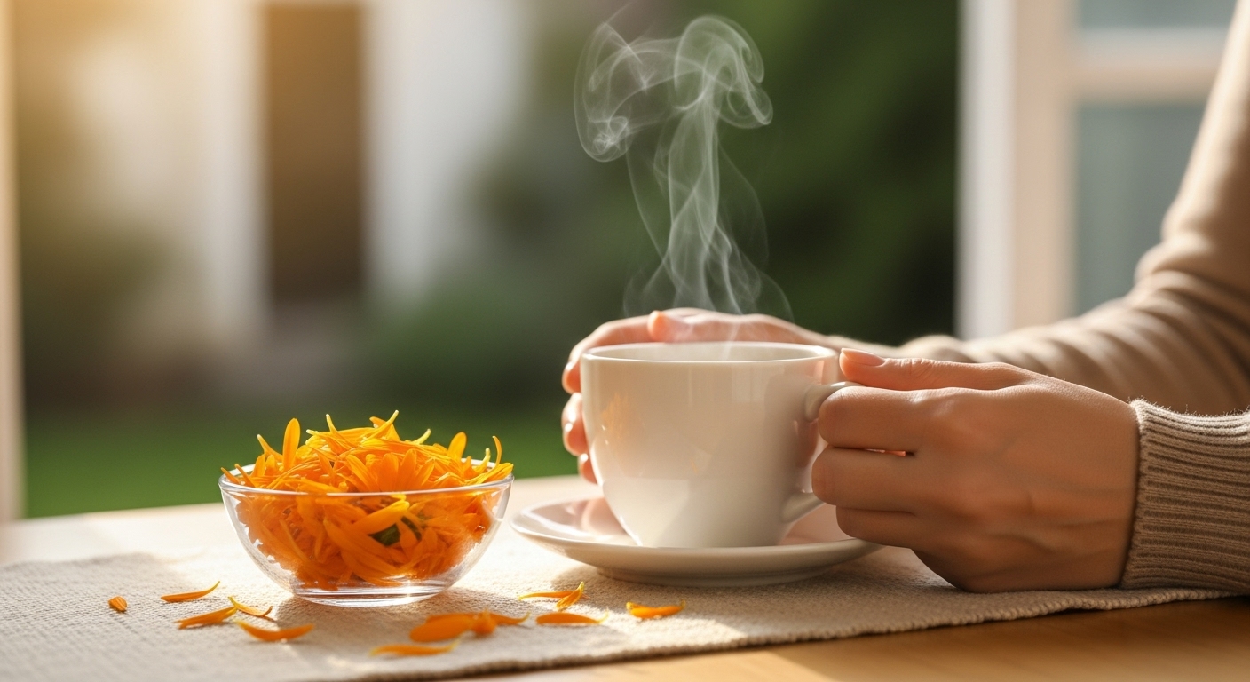 따뜻한 메리골드 차 한 잔을 마시며 편안함을 느끼는 사람의 손, 스트레스 완화와 면역력 증진에 기여하는 모습.