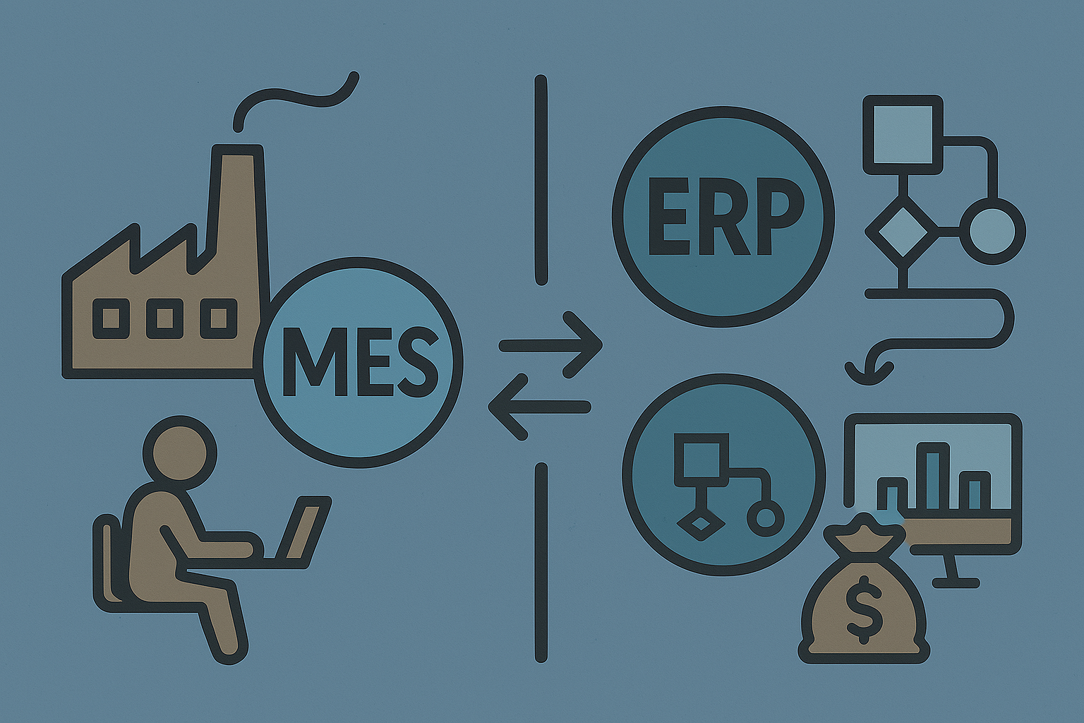 MES와 ERP의 기능과 구조 차이를 시각적으로 비교한 일러스트