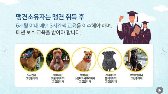 맹견소유자는 맹견 취득 후 6개월 이내 매년 3시간씩 교육이수 및 매년 보수 교육