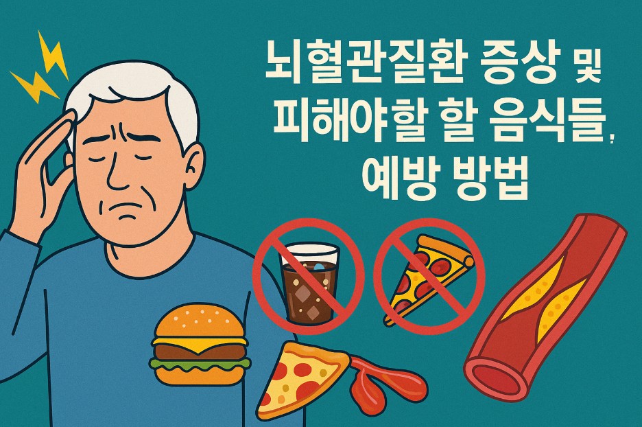 "뇌혈관질환 증상 및 피해야 할 음식들, 예방 방법"이라는 문구가 중앙에 배치되어 있다. 아이콘에는 피자, 햄버거, 탄산음료 등 모양 등이 있고, 뇌혈관 모습을 그린 이미지가 있다. 전체적인 톤은 밝고 친근하며, 예방 중심의 메시지를 시각적으로 쉽게 전달하고 있다.