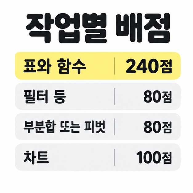 표와 함수 240점, 필터 등 80점, 부분합 또는 피벗 80점, 차트 100점을 네 행으로 정리한 작업별 배점