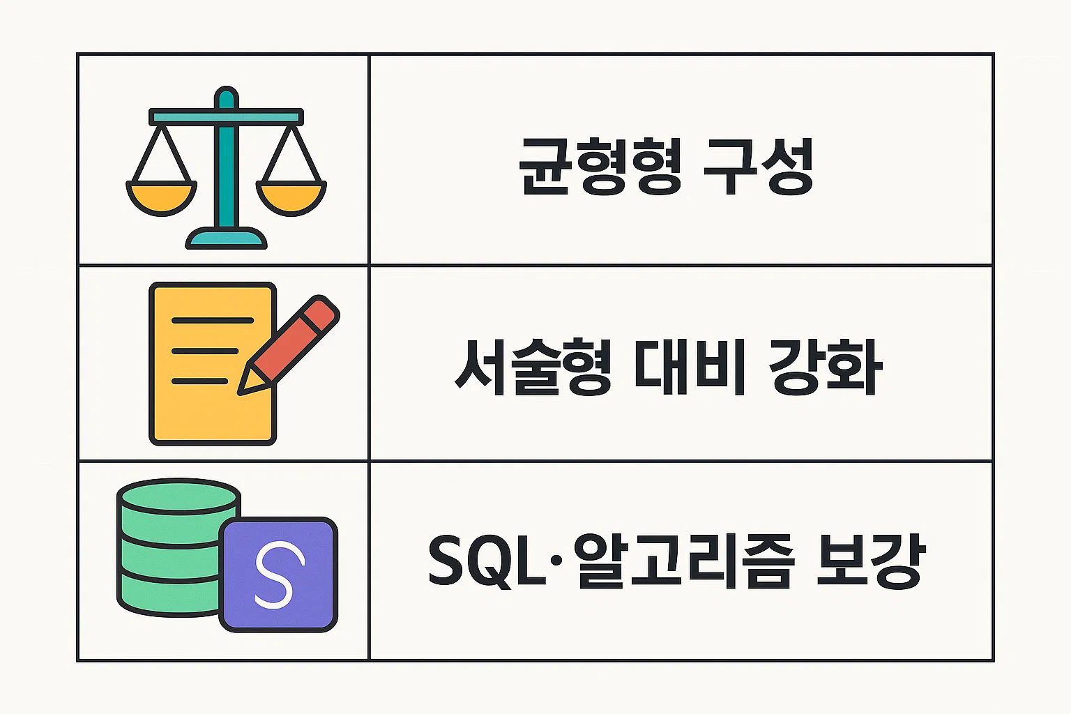 정보처리 산업기사 실기 교재 구성, 난이도 대비, 학습 분야별 특징을 비교해 초보자도 쉽게 선택할 수 있게 정리한 인포그래픽