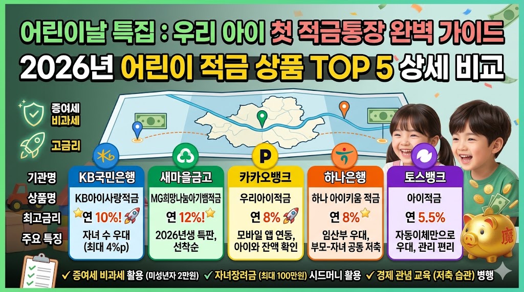 2026년 어린이날 기념 주요 은행별 자녀 적금 금리 비교 인포그래픽. KB국민은행 최고 연 10%, 새마을금고 최고 연 12%, 하나은행 연 8%, 카카오뱅크 연 8% 등 주요 상품의 금리와 특징 요약.