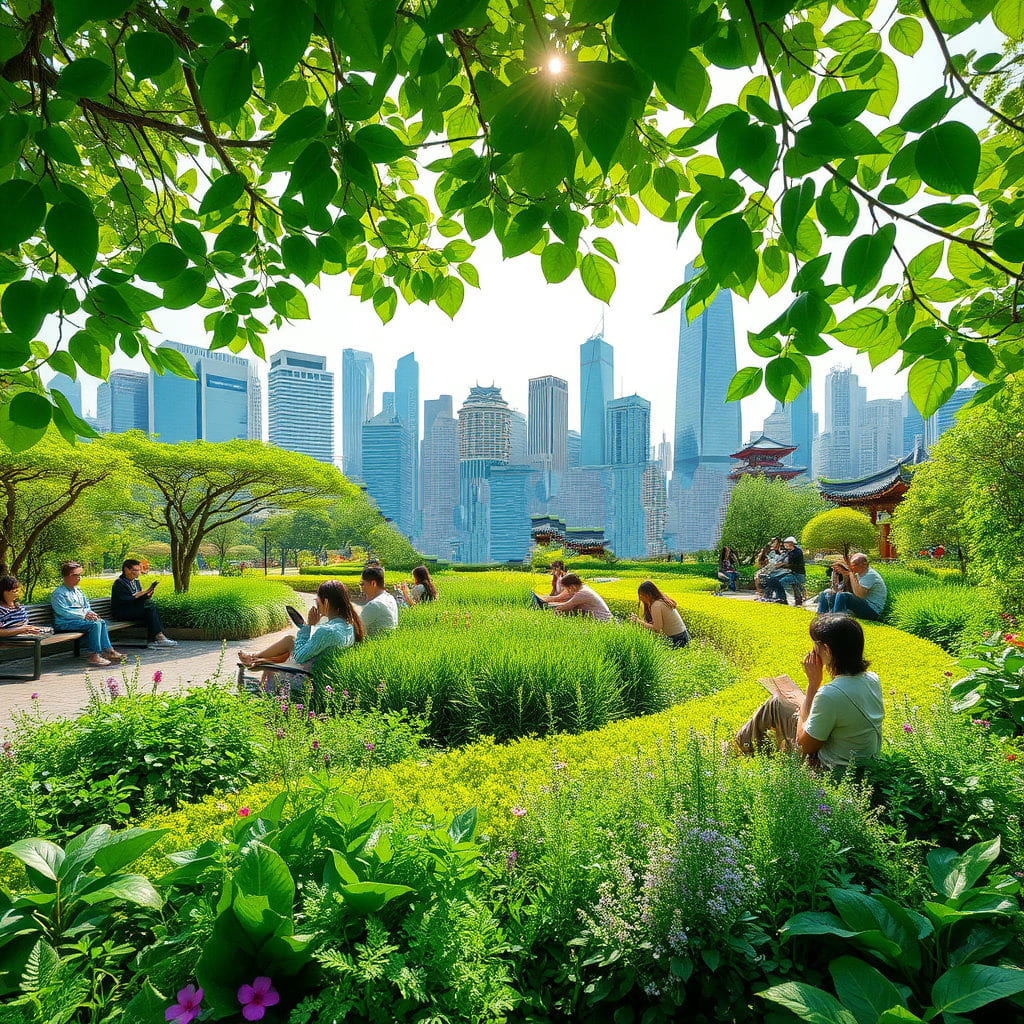 서울의 스카이라인이나 도시적인 배경과 어우러진 푸르른 정원의 모습을 그립니다. 정원 안에서 사람들이 편안하게 휴식을 취하거나 자연과 교감하는 모습을 통해, 도시 속에서 자연이 주는 위안과 활력을 표현합니다. '서울이 정원으로 다시 피어납니다'라는 메시지를 시각적으로 전달하며, 서울의 새로운 녹색 활력을 강조합니다.