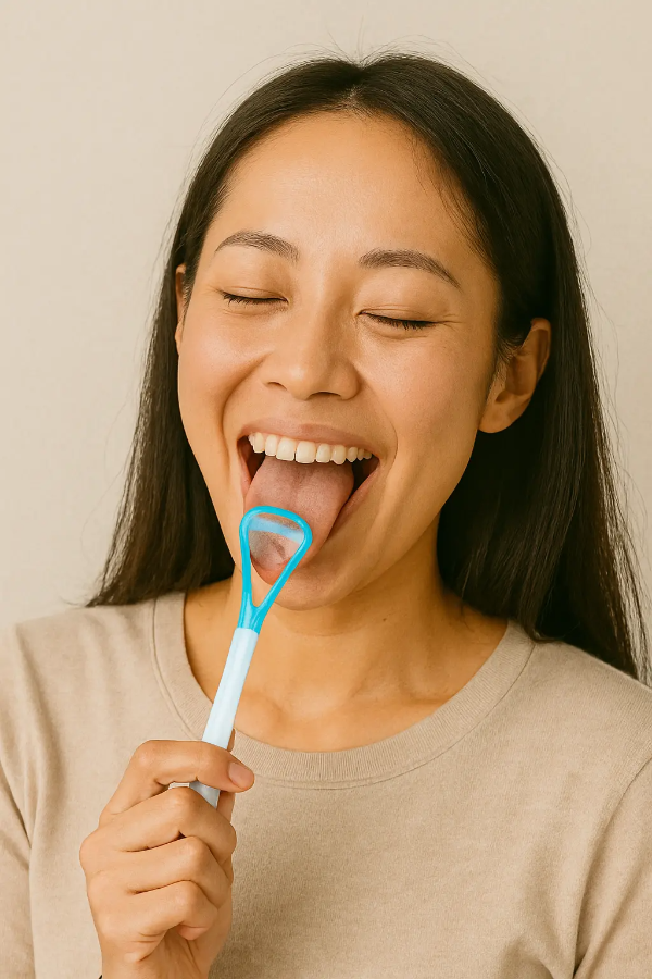 혀 클리너로 구강 위생을 관리하는 한국인 여성 이미지