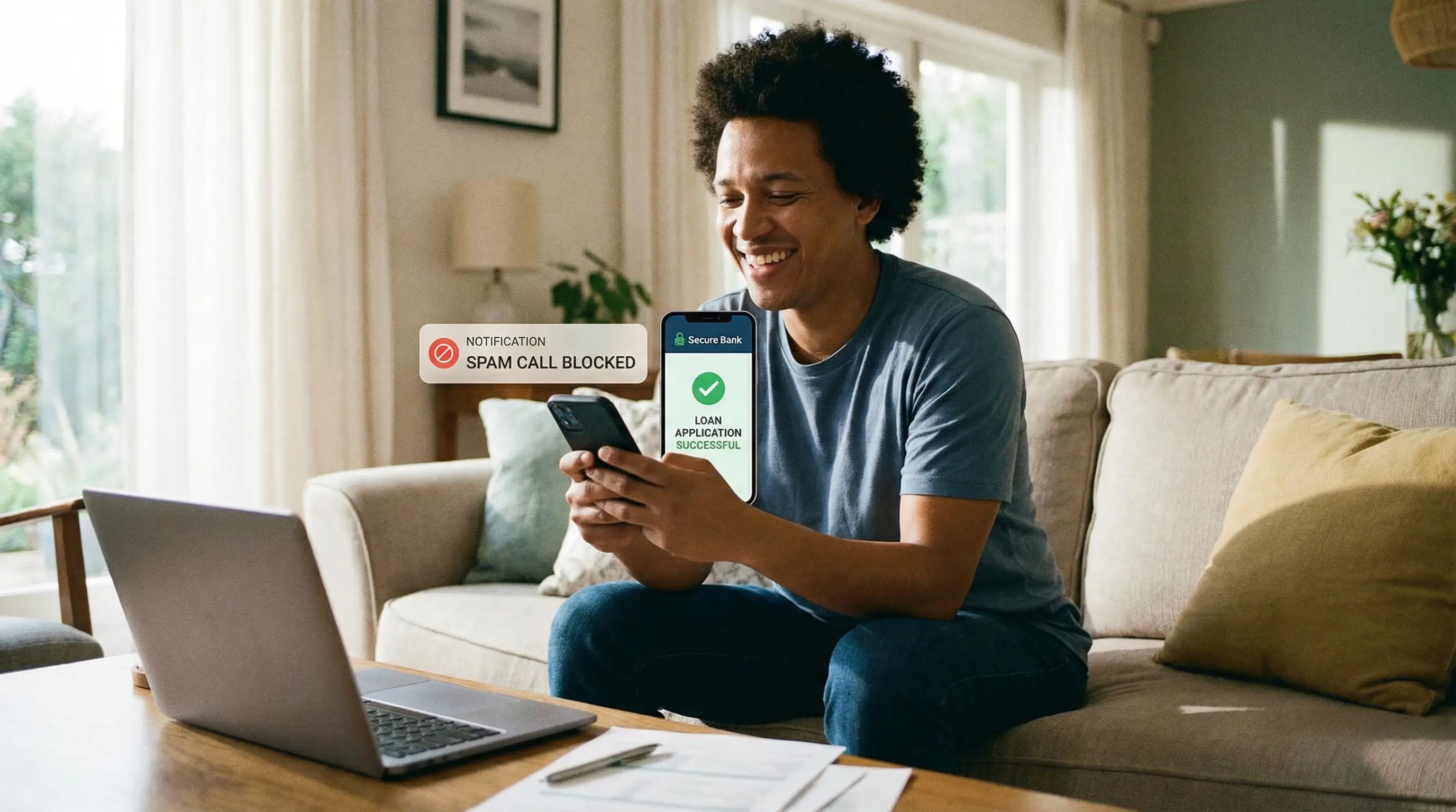 스팸 전화를 차단하고 안전한 금융사 앱으로 대출을 신청하여 자금을 확보한 후 안도하는 모습
