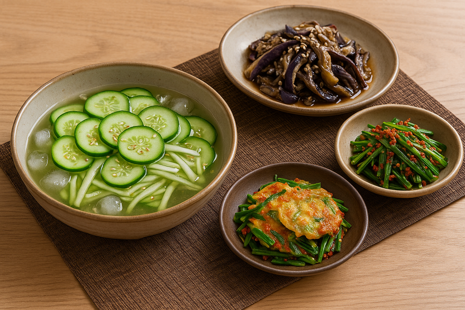 여름 제철 오이냉국, 가지무침, 부추겉절이, 부추전으로 구성된 시원한 한식 상차림