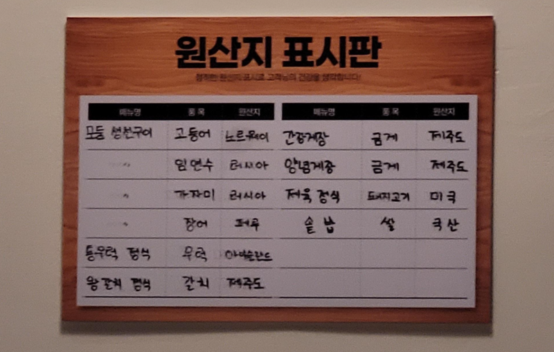 을왕리 꾸덕집 원산지 표시판