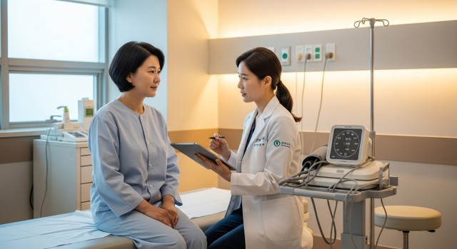 병원에서 건강검진을 받는 40대 한국인 여성