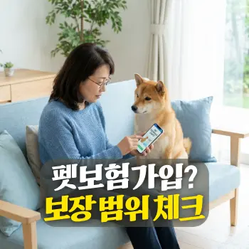 펫보험 가입? 보장 범위 체크
반려견 보호자(한국인)가 거실 소파에 앉아 스마트폰으로 펫보험 견적을 진지하게 살펴보고 있고, 그 옆에서 강아지가 건강하게 쳐다보고 있는 따뜻한 장면