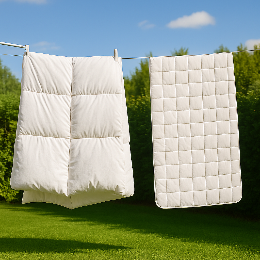 푸른 잔디밭과 맑은 하늘 아래 빨랫줄에 널린 하얀 이불과 매트리스. 햇빛에 말리는 모습