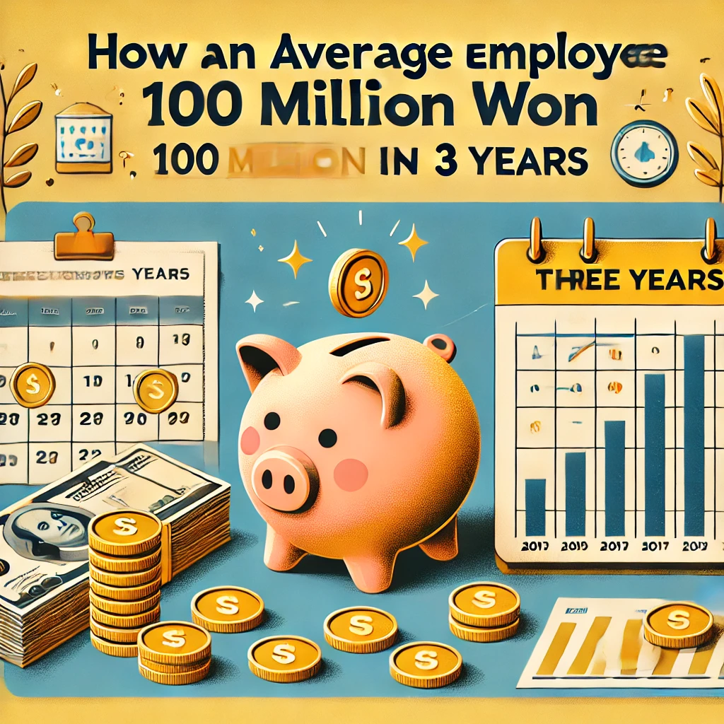 "3년 만에 1억 원을 모으는 방법을 설명하는 재테크 가이드의 대표 이미지. 저축을 상징하는 돼지 저금통과 점점 쌓이는 동전 더미, 3년을 표시하는 달력, 그리고 금융 성장 그래프가 포함되어 있으며, 따뜻한 블루와 골드 컬러가 경제적 성공을 강조하는 느낌을 준다."