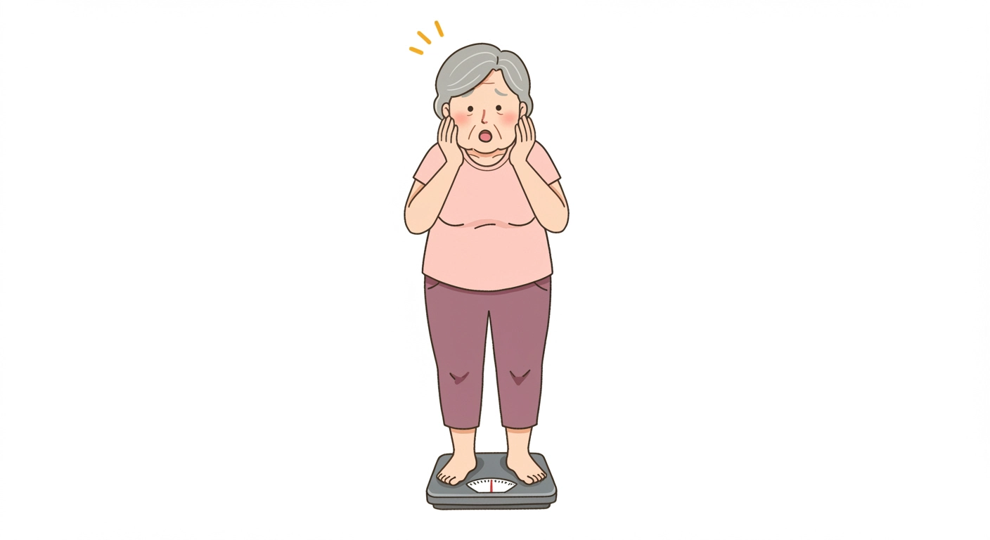 몸무게를 재며 놀라고 있는 중년 여성의 모습