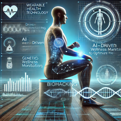 최첨단 하이퍼 바이오해킹 개념을 시각적으로 표현한 일러스트