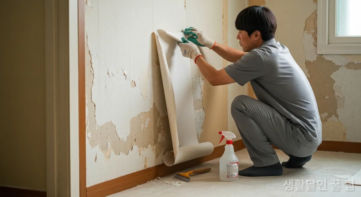 작업용 장갑을 낀 손이 벽에서 오래된 벽지를 조심스럽게 제거하고 있는 모습. 옆에는 스프레이와 스크래핑 도구가 놓여 있다.