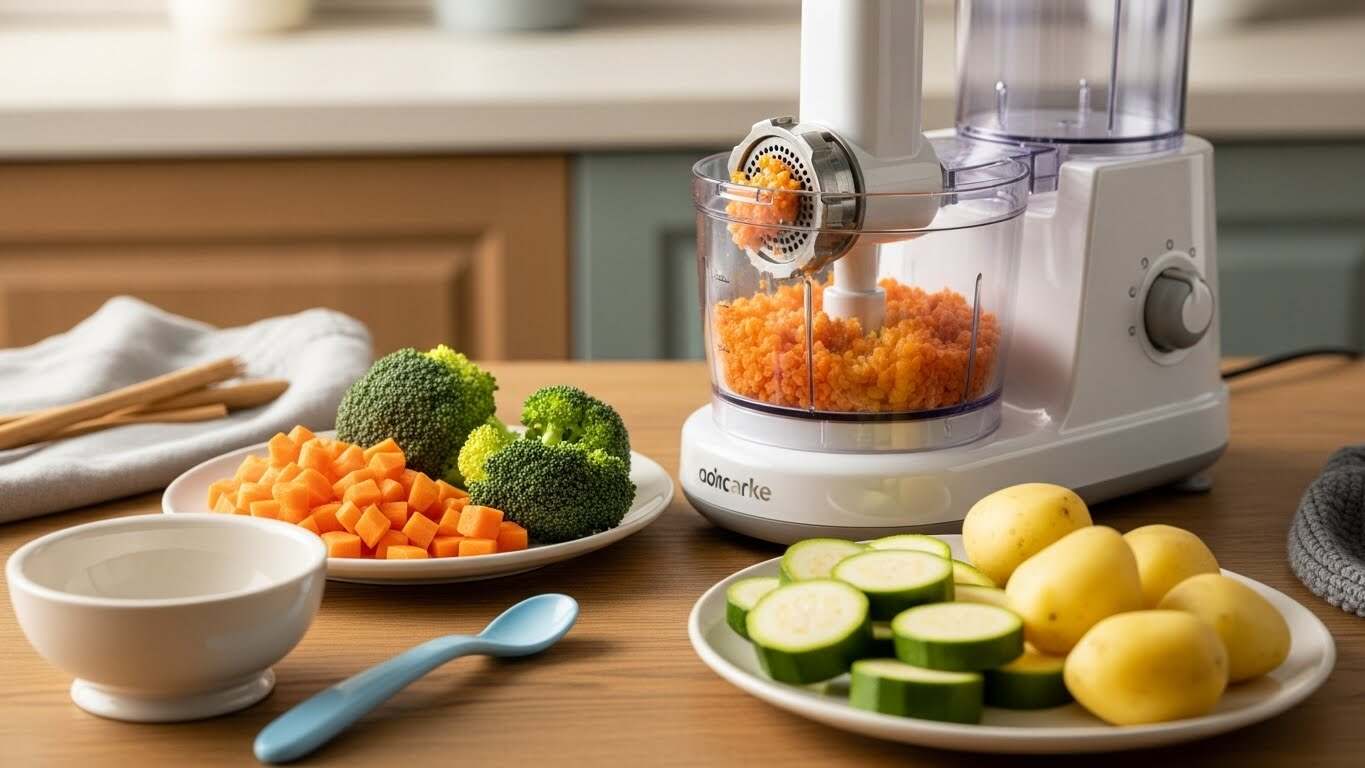 집에서 이유식 자동 조리기를 사용하는 모습을 담은 현실적인 실사 사진. 나무 식탁 위에 이유식 조리기가 놓여 있고, 그 옆에 아기용 이유식 재료—잘게 썬 당근, 브로콜리, 단호박, 감자—가 작은 접시에 담겨 있다. 사용 중인 조리기 안에는 이유식이 부드럽게 갈리고 있으며, 앞쪽에는 아기용 스푼과 작은 볼이 자연스럽게 놓여 있다.