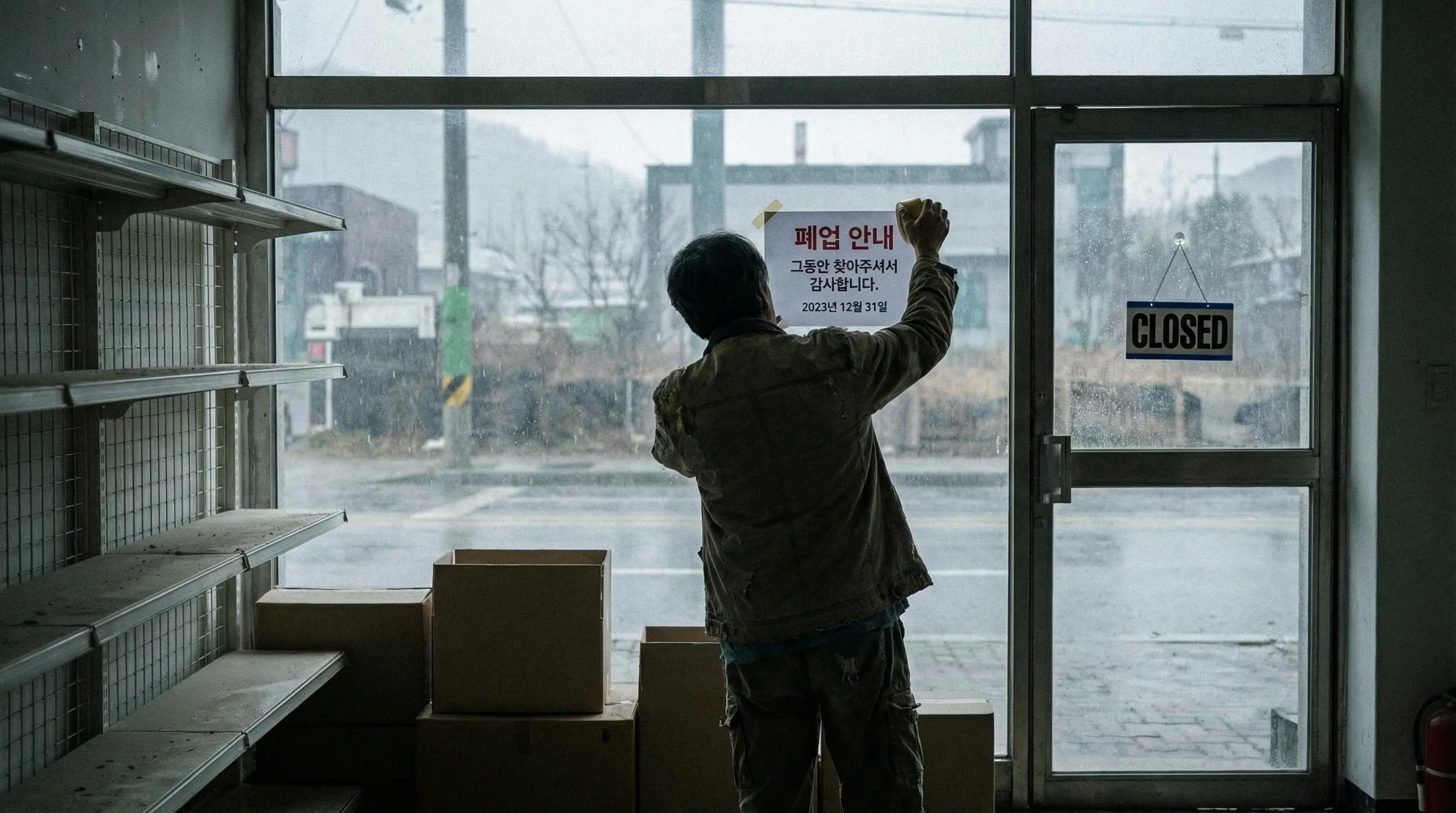 텅 빈 가게 안에 홀로 서서 폐업 안내문을 붙이고 있는 소상공인의 뒷모습, 쓸쓸한 분위기