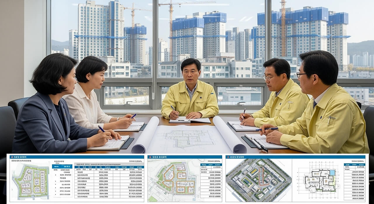 감정평가 전문가들이 가로주택정비사업 도면과 자료를 검토하며 평가 기준과 절차를 논의하는 회의 장면”