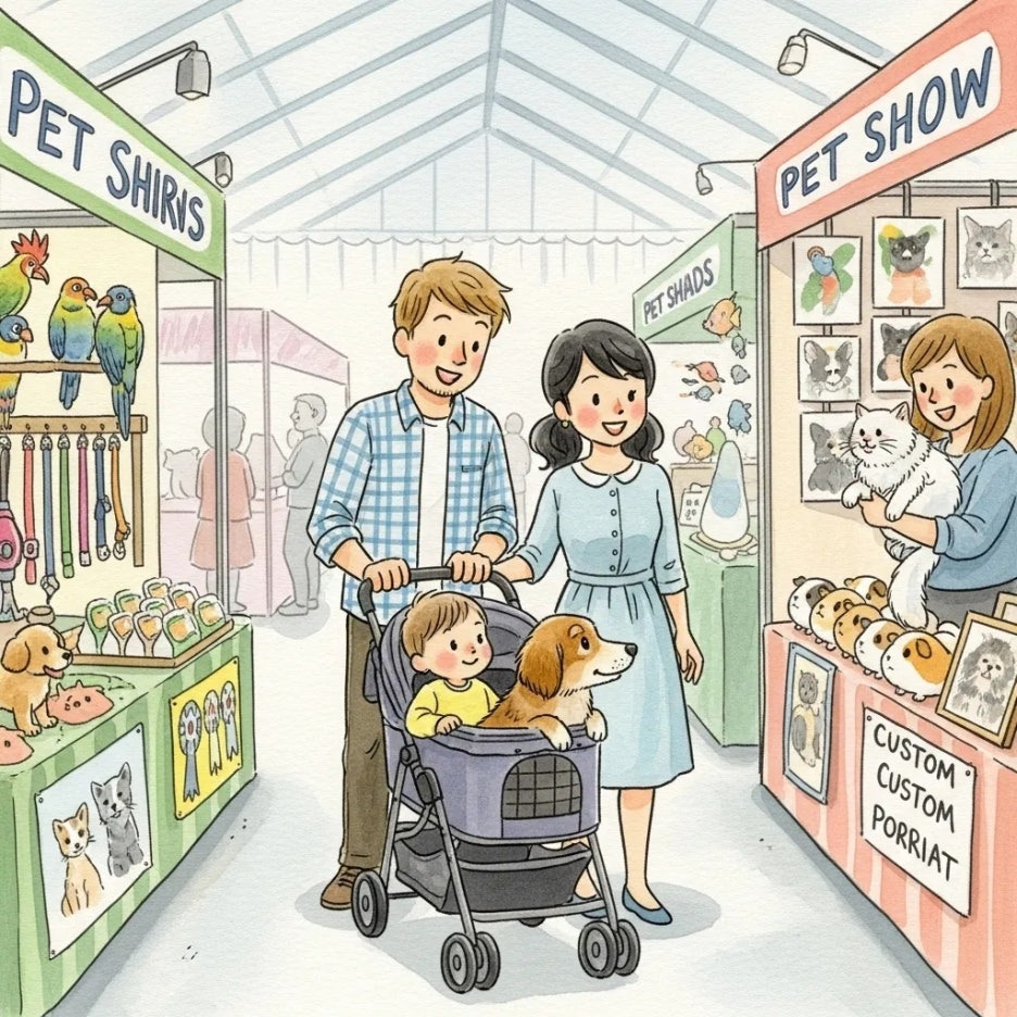 유모차에 탄 강아지와 함께 박람회를 걷는 가족