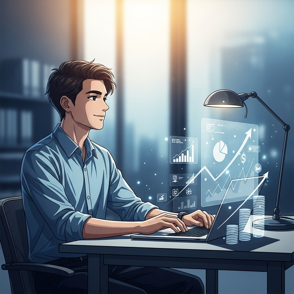 노트북을 보며 밝게 웃는 청년이 미래를 계획하는 모습. 파란색과 회색 톤으로 희망찬 미래와 금융 성장을 상징합니다.