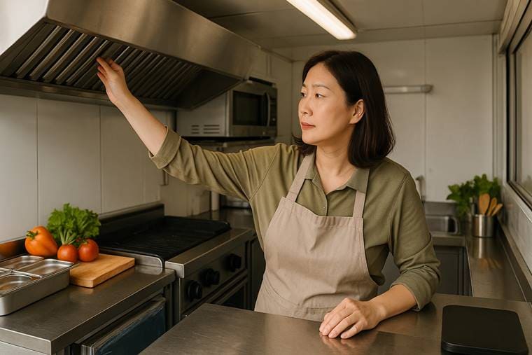 푸드트럭 내부에서 조리 기기를 점검하며 영업 준비 중인 여성 창업자의 모습