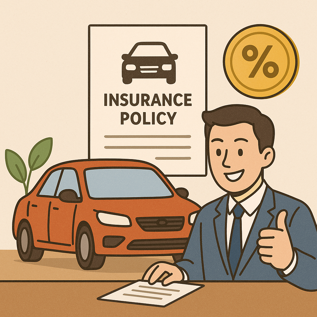자동차 보험료 절약 일러스트, 차량과 보험 서류, 절약을 상징하는 퍼센트 아이콘과 엄지척 인물