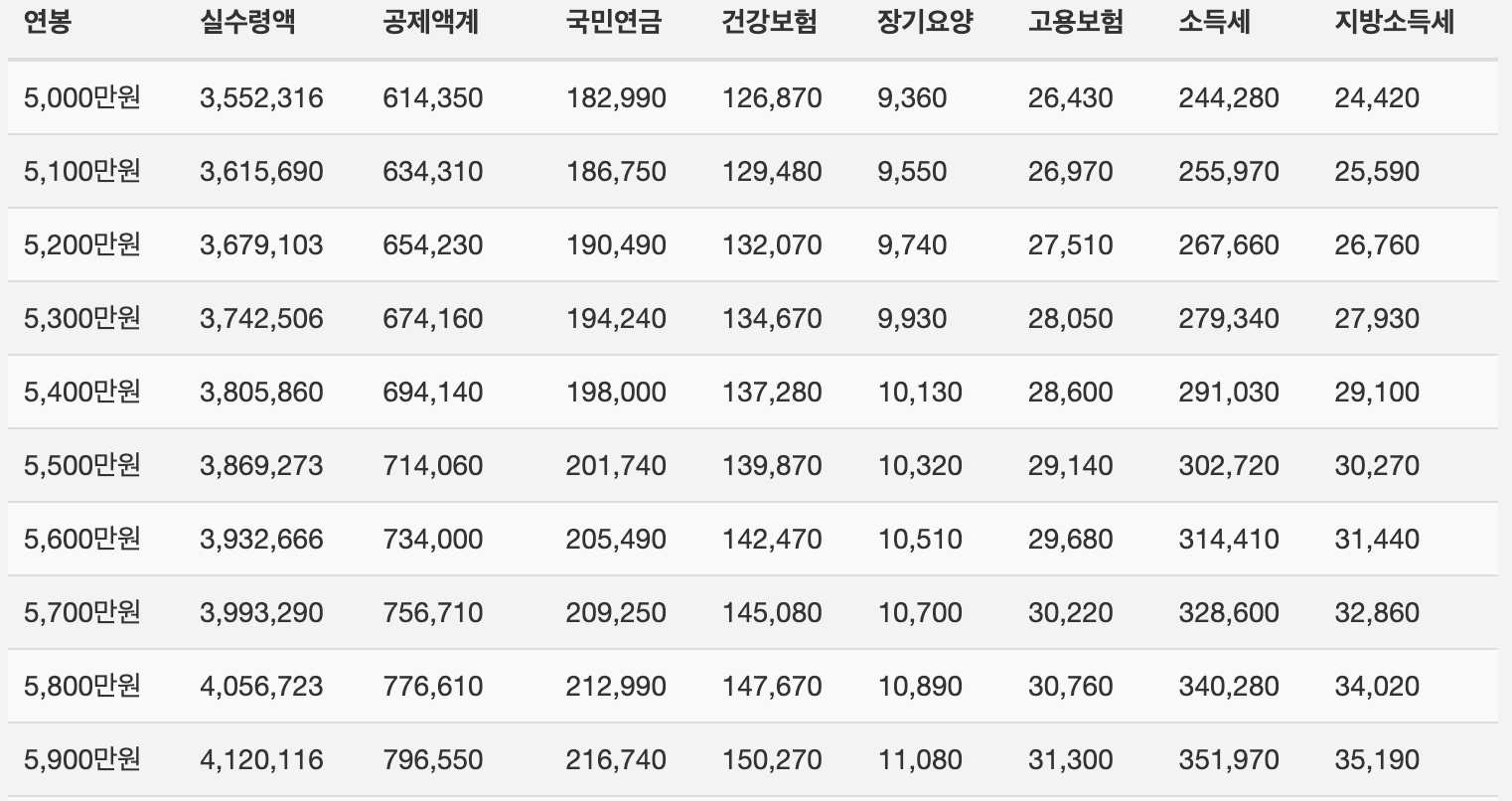 2025년 연봉 실수령액 표