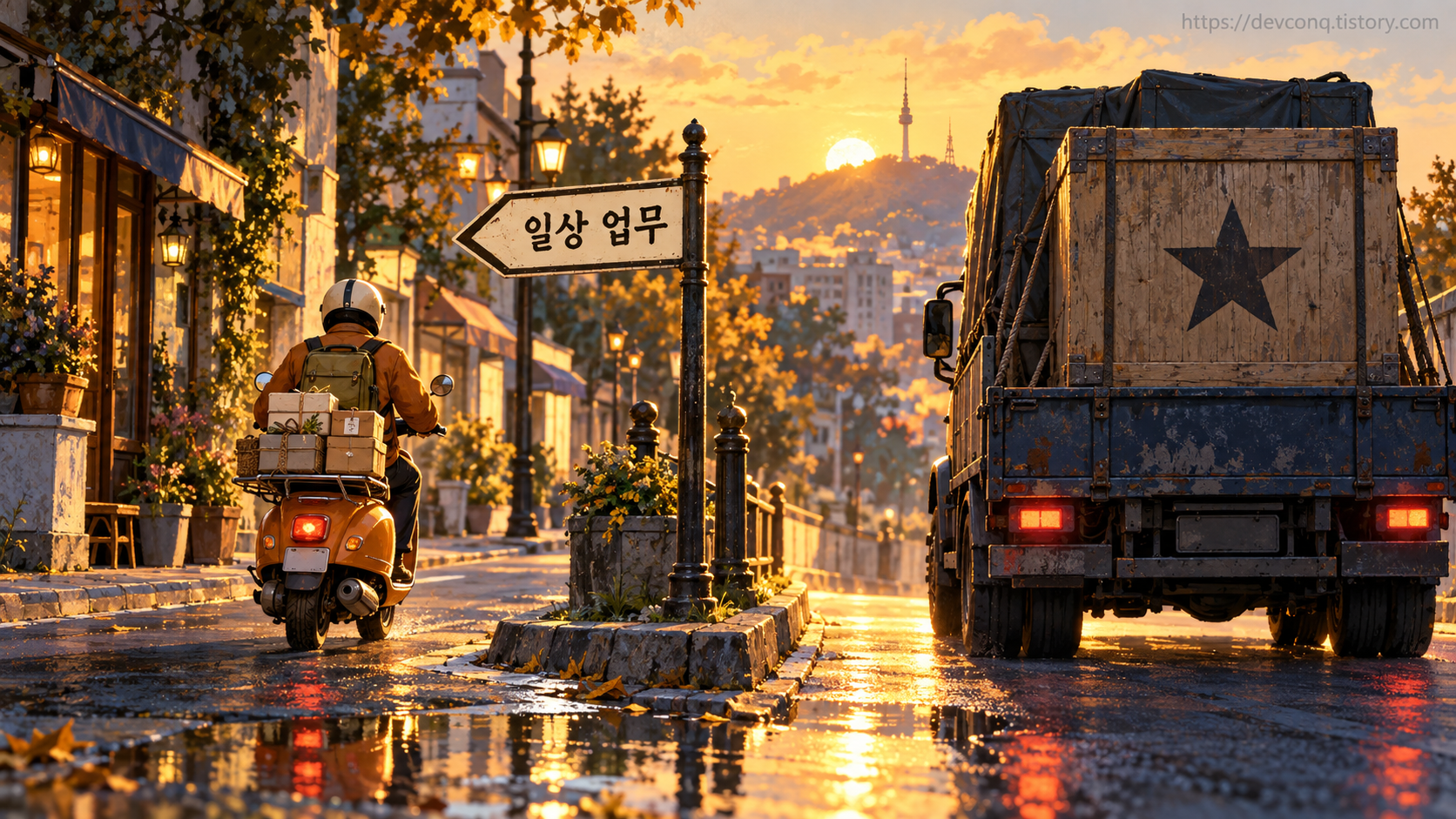 가벼운 스쿠터와 무거운 트럭 사이 일상 업무 표지판이 스쿠터를 가리키는 거리 일러스트
