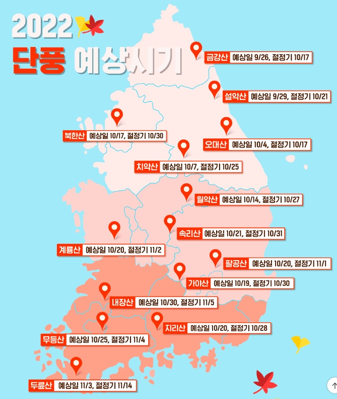 2023년 기준 주요 산 단풍 절정 시기 지도