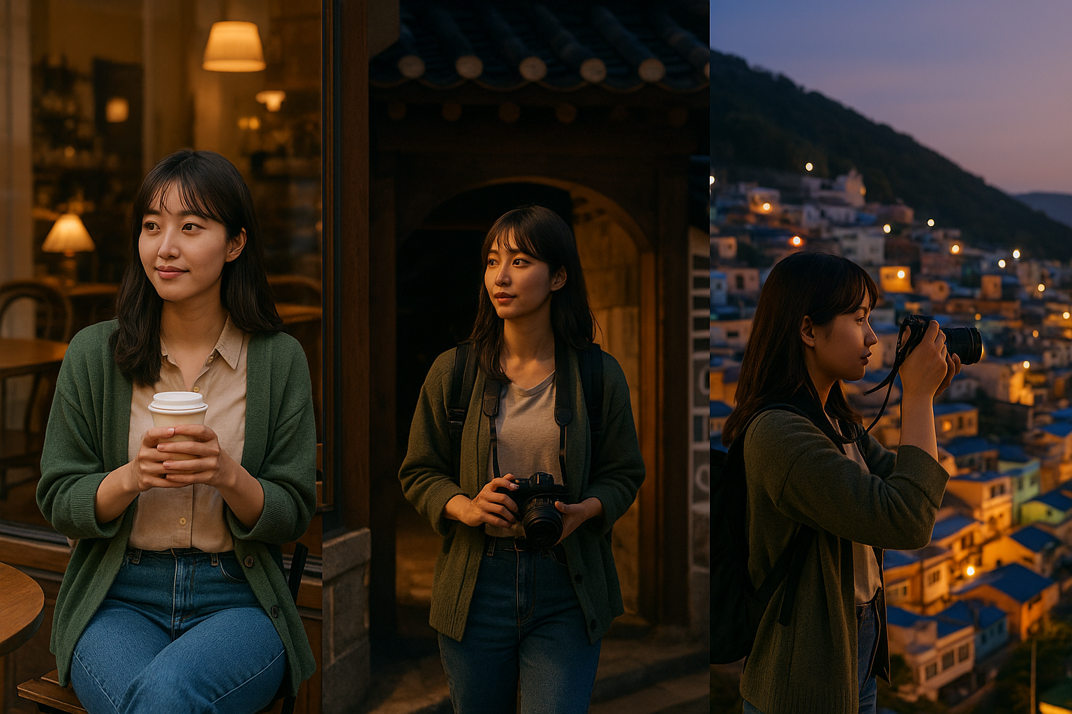 한 여성이 서울 감성 카페에서 커피를 즐기고, 전주의 한옥 밤골목을 거닐며, 부산 감천문화마을에서 사진을 찍는 순간을 하나로 엮은 이미지