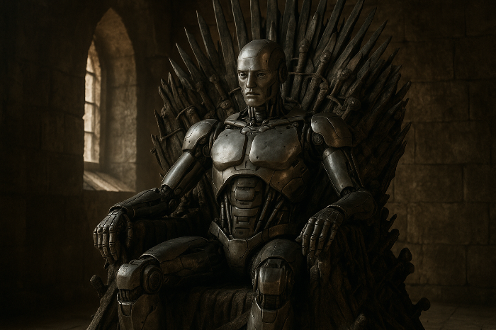 ai(인공지능)로봇이 왕좌에 앉아있는 모습을 묘사