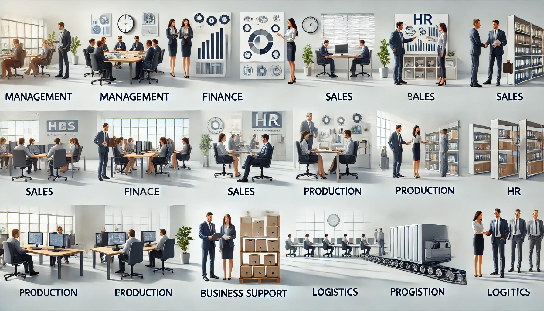 직장내 부서별 업무 내용을 상징적으로 표현한 이미지