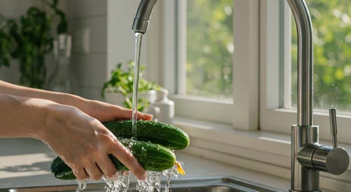 오이를 흐르는 물에 씼는 모습