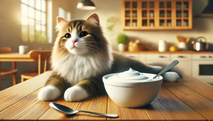 편안하게 누워 있는 고양이와 요거트 그릇, 고양이 변비 완화를 위한 자연식 제안