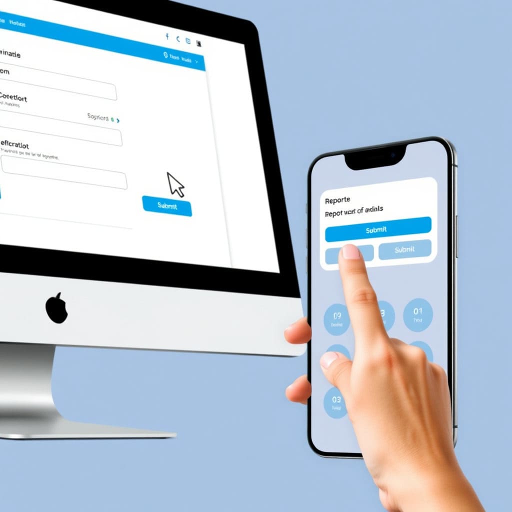 컴퓨터나 스마트폰 화면에 부동산 거래 관리 시스템 웹사이트나 앱 화면이 보이는 모습을 그립니다. 마우스 커서나 손가락이 화면을 클릭하는 동작을 넣어 온라인 신고의 편리함을 나타내고, 신고 절차의 간소함을 강조하기 위해 깔끔하고 직관적인 디자인으로 표현합니다.