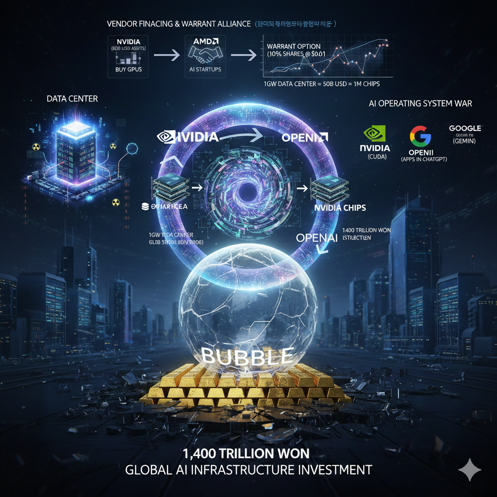 1,400조 원 규모의 글로벌 AI 인프라 투자와 엔비디아&amp;오픈AI의 순환 금융 구조, 그리고 잠재적 버블 위험을 시각화한 미래지향적 이미지