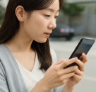 여자가 핸드폰 화면을 보고 있는 모습