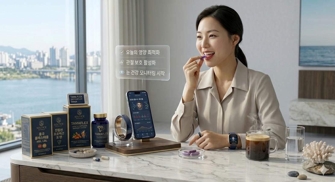 활기찬 하루를 시작하며 영양제를 챙겨 먹는 30대 직장인의 세련된 아침 풍경