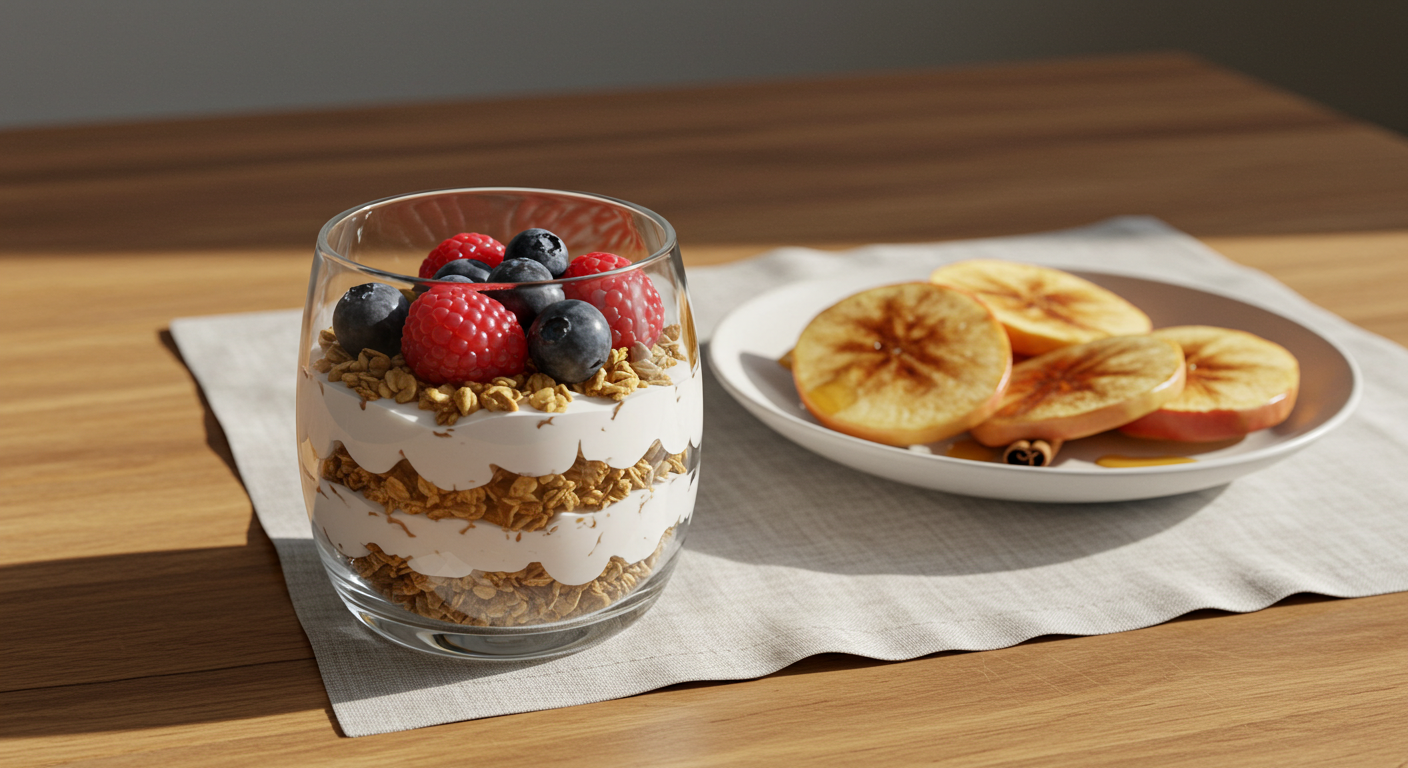 베리 요거트 파르페와 사과-시나몬 간식 이미지