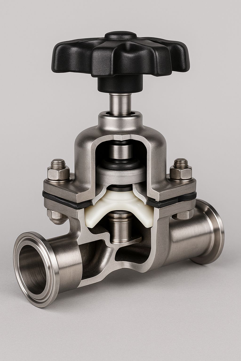 High-resolution cross-section of a stainless steel sanitary diaphragm valve with a PTFE diaphragm and tri-clamp ends
