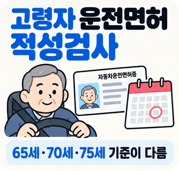 고령 운전자와 운전면허증 달력 아이콘을 중심으로 고령자 운전면허 적성검사 문구를 보여주는 대표 카드뉴스 이미지